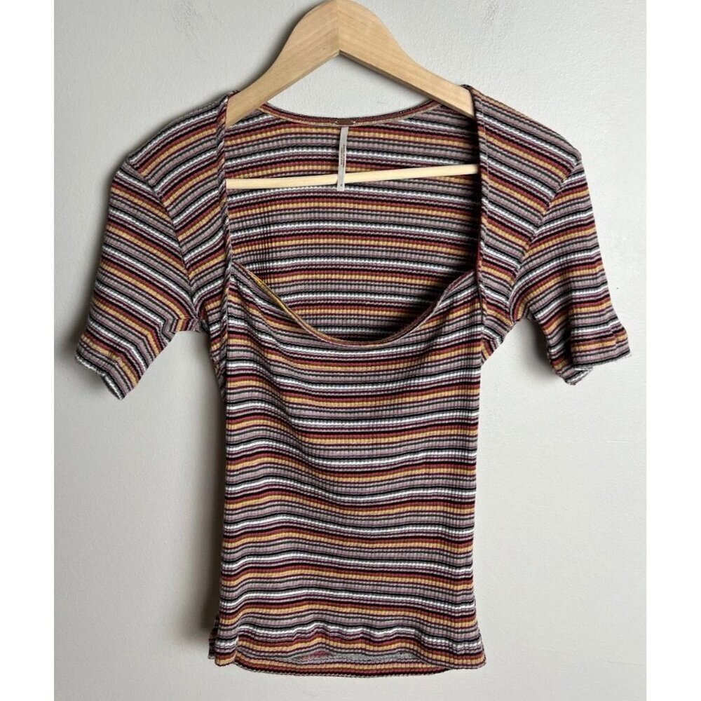 Free People Striped Ribbed Knit Top Square Neck Short Sleeve Small Women’s